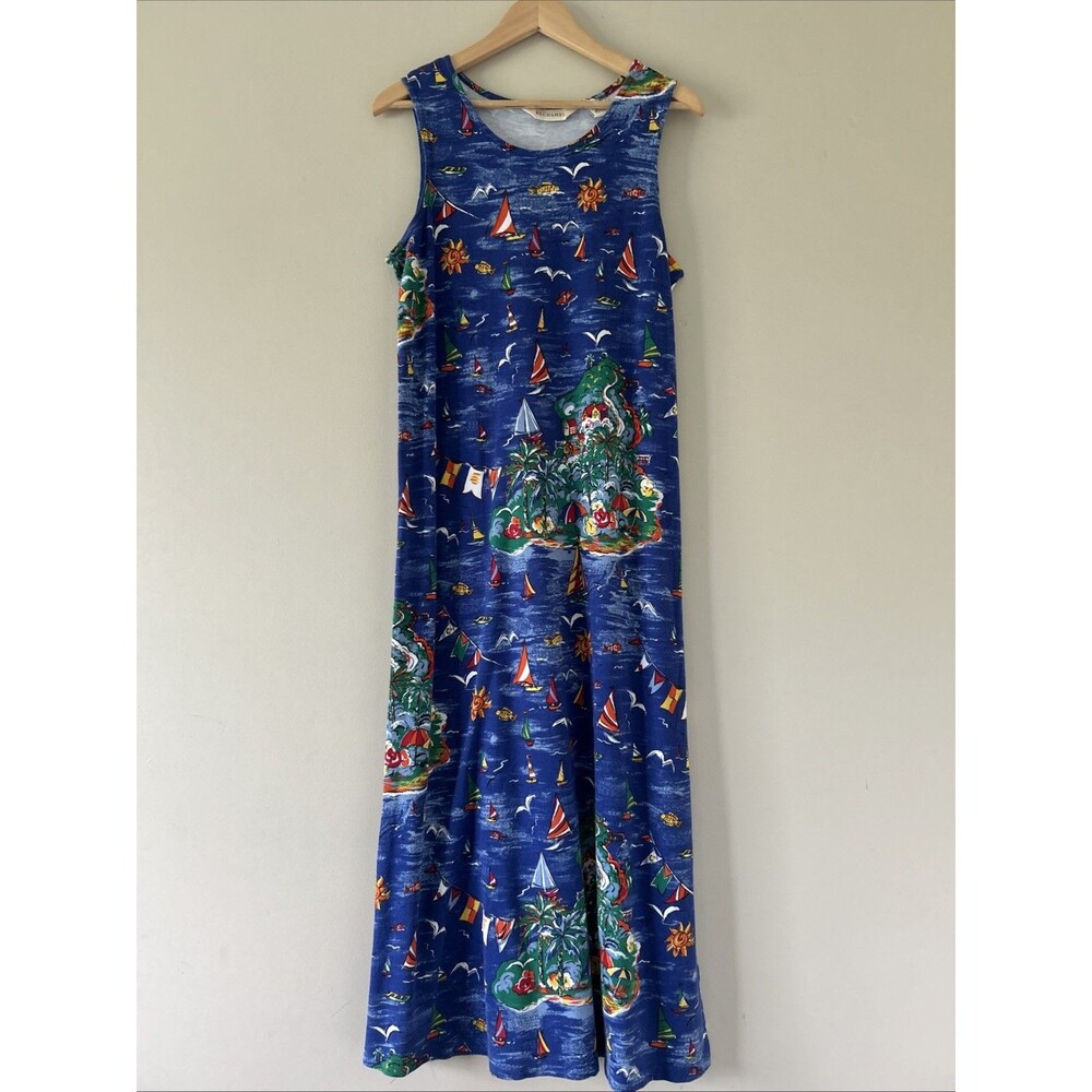 Bechamel Blue Island Sailboat Fish Sun Vacation Print Medium Maxi Dress Cotton